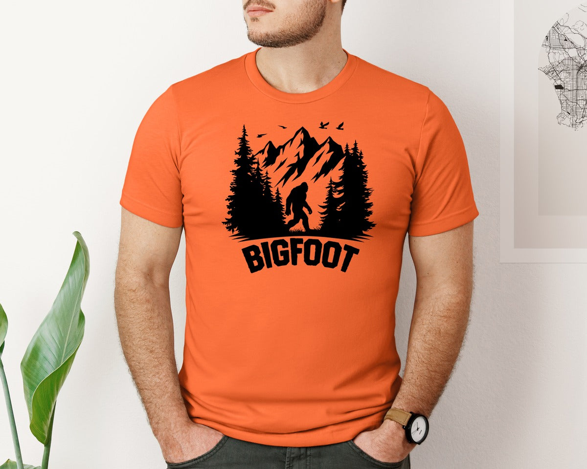 brand:Bella Canvas|color:Orange|Retro Bigfoot Silhouette Pixel Art Graphic T-Shirt