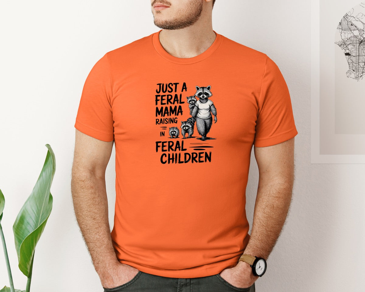 brand:Bella Canvas|color:Orange|Funny Mothers Day Raccoon Mama Tired Graphic T-Shirt