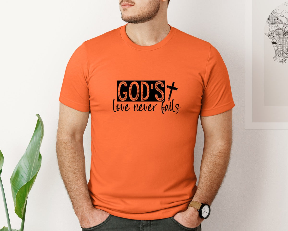 brand:Bella Canvas|color:Orange|Gods Love Never Fails Sleeve Design 2 Graphic T-Shirt