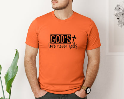 brand:Bella Canvas|color:Orange|Gods Love Never Fails Sleeve Design 2 Graphic T-Shirt