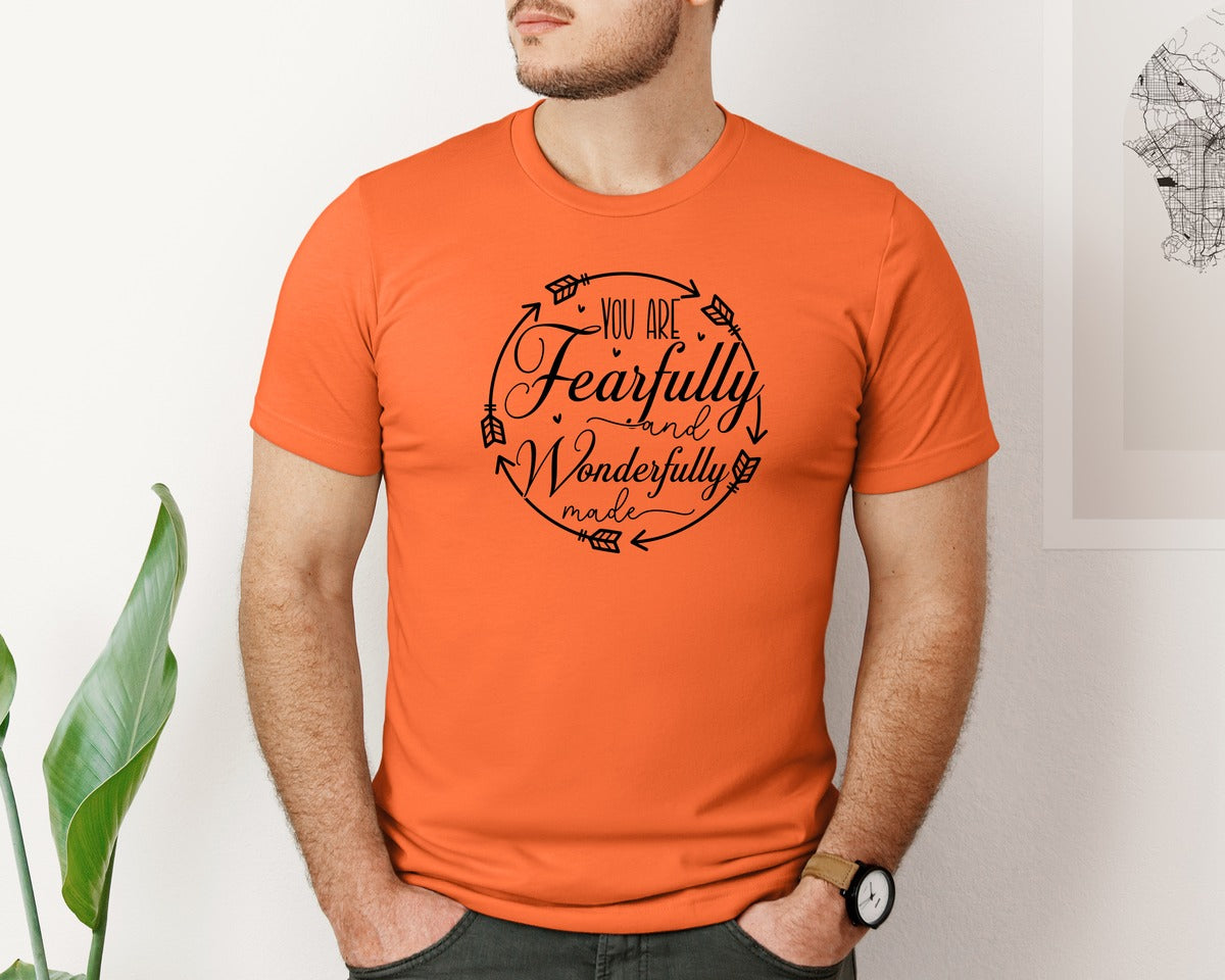 brand:Bella Canvas|color:Orange|You Are Fearfully And Sleeve Design Graphic T-Shirt