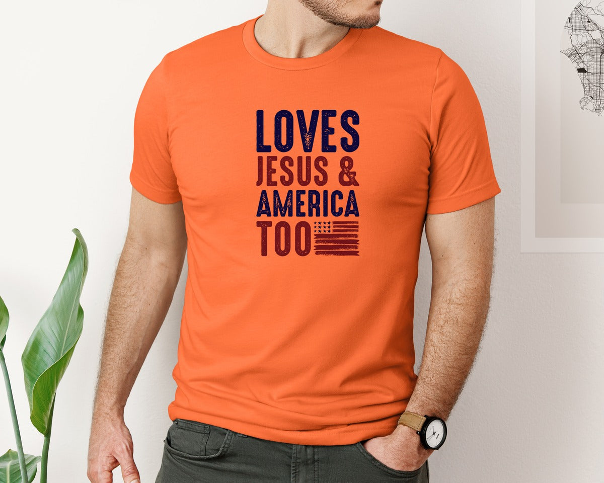 brand:Bella Canvas|color:Orange|Loves Jesus And America Too Jesus Graphic T-Shirt