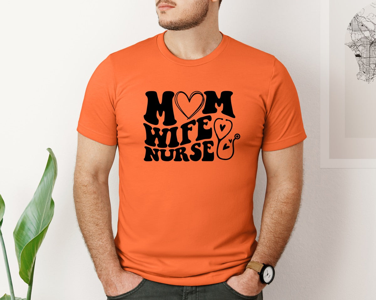 brand:Bella Canvas|color:Orange|Mom Wife Nurse Wavy Graphic T-Shirt
