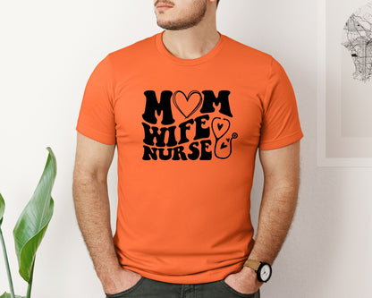 brand:Bella Canvas|color:Orange|Mom Wife Nurse Wavy Graphic T-Shirt