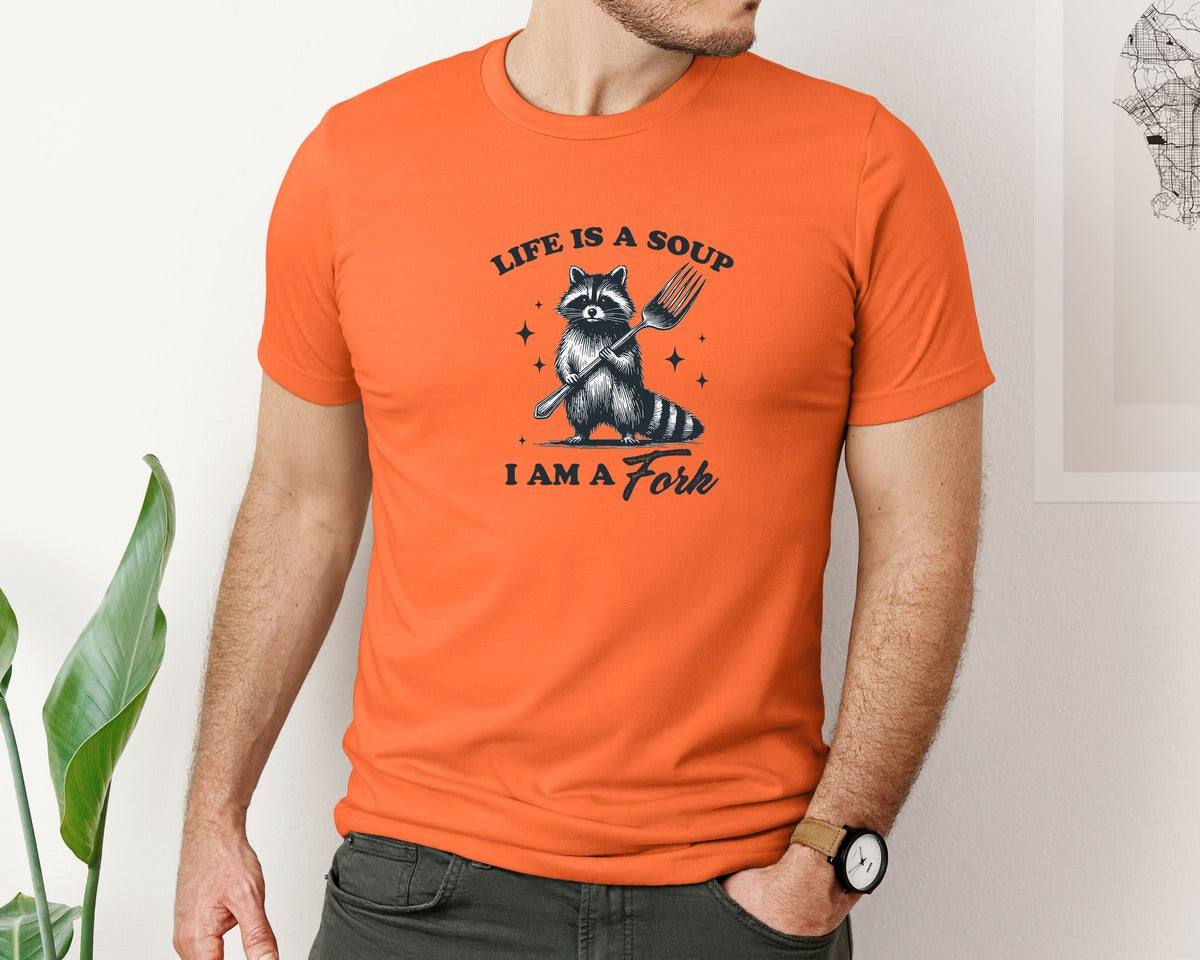 brand:Bella Canvas|color:Orange|Life Is A Soup I Am A Fork Raccoon Shirt Graphic T-Shirt