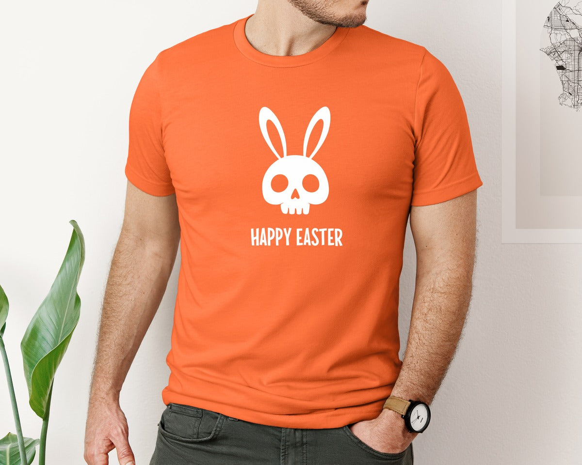 brand:Bella Canvas|color:Orange|Gothic Creepy Easter Bunny Skull Irony Graphic T-Shirt
