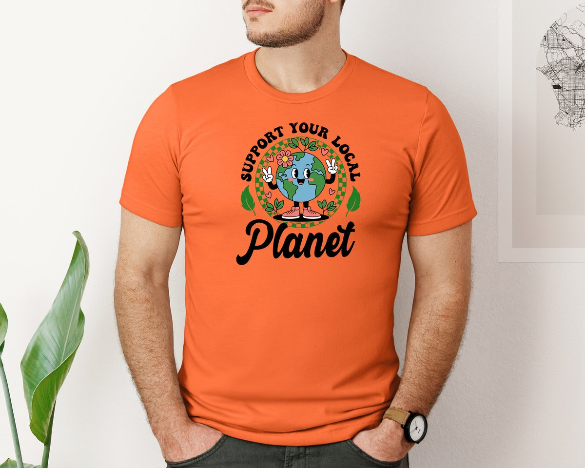 brand:Bella Canvas|color:Orange|Earth Day Support Your Local Planet 2 Graphic T-Shirt