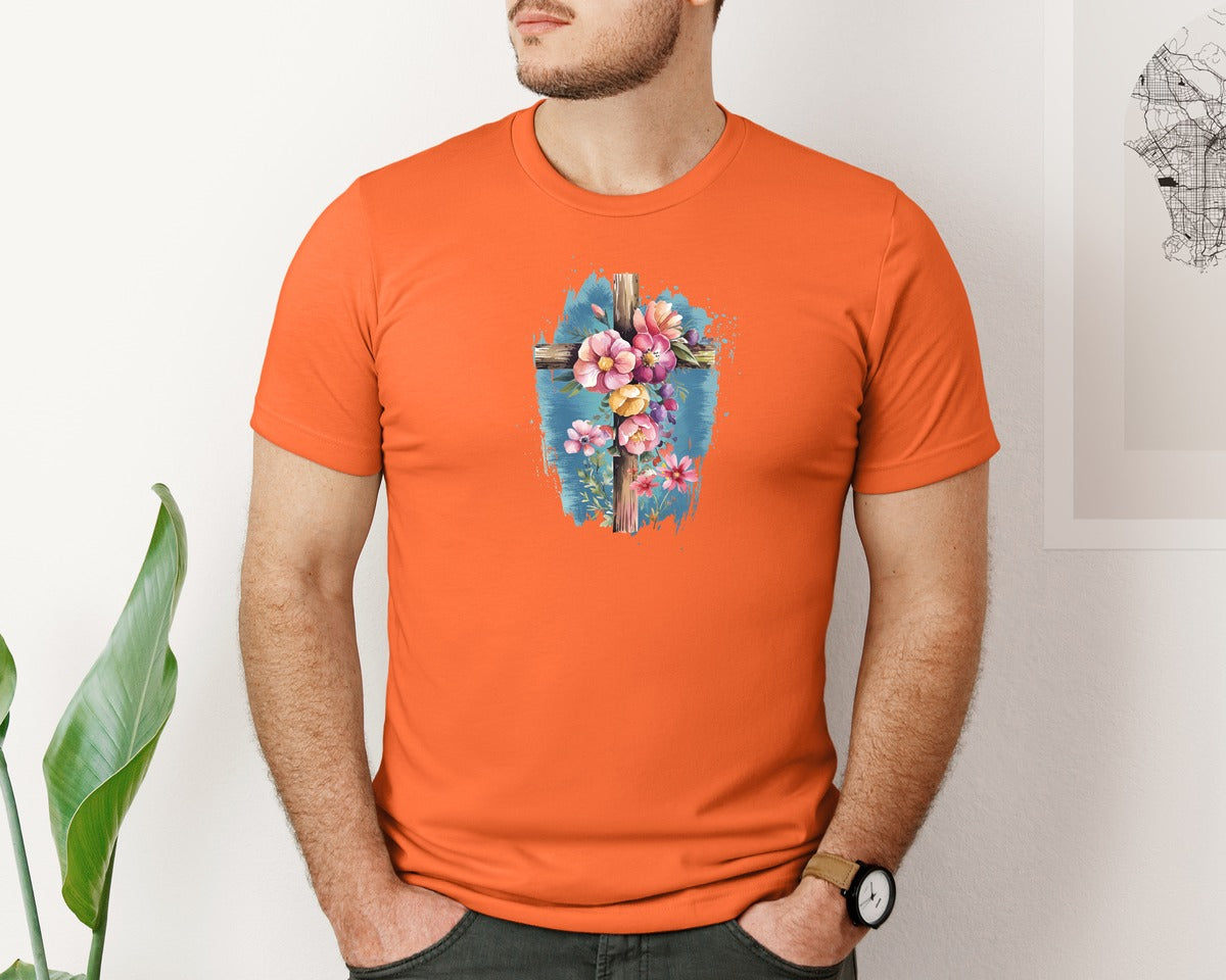 brand:Bella Canvas|color:Orange|Floral Christian Cross Graphic T-Shirt