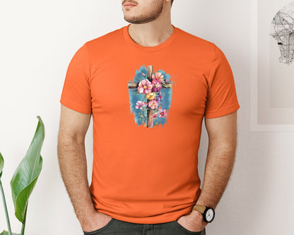 brand:Bella Canvas|color:Orange|Floral Christian Cross Graphic T-Shirt
