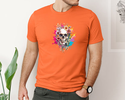 brand:Bella Canvas|color:Orange|Floral Skull Watercolor Skull Shirt Graphic T-Shirt