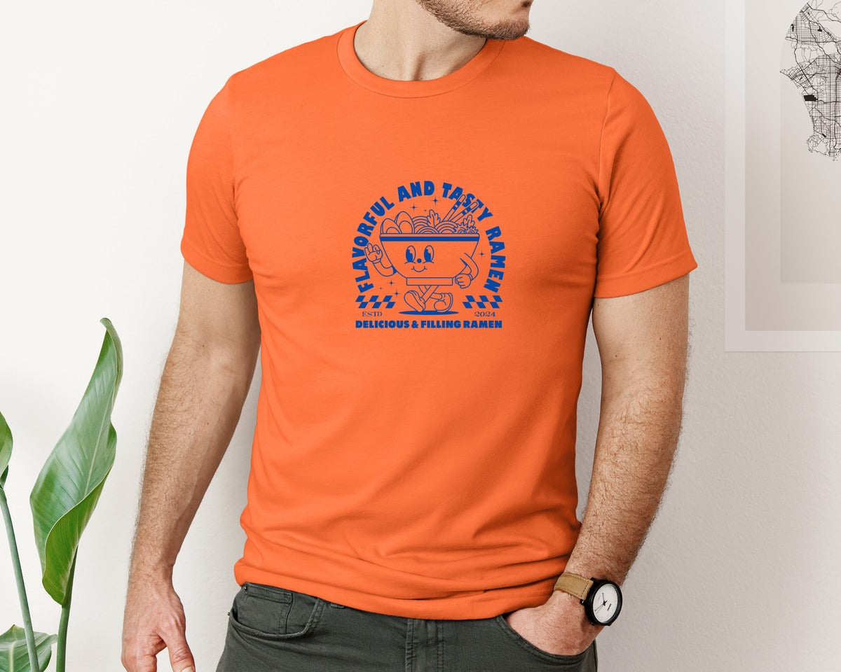 brand:Bella Canvas|color:Orange|Retro Ramen Noodle Cartoon Mascot Design Graphic T-Shirt