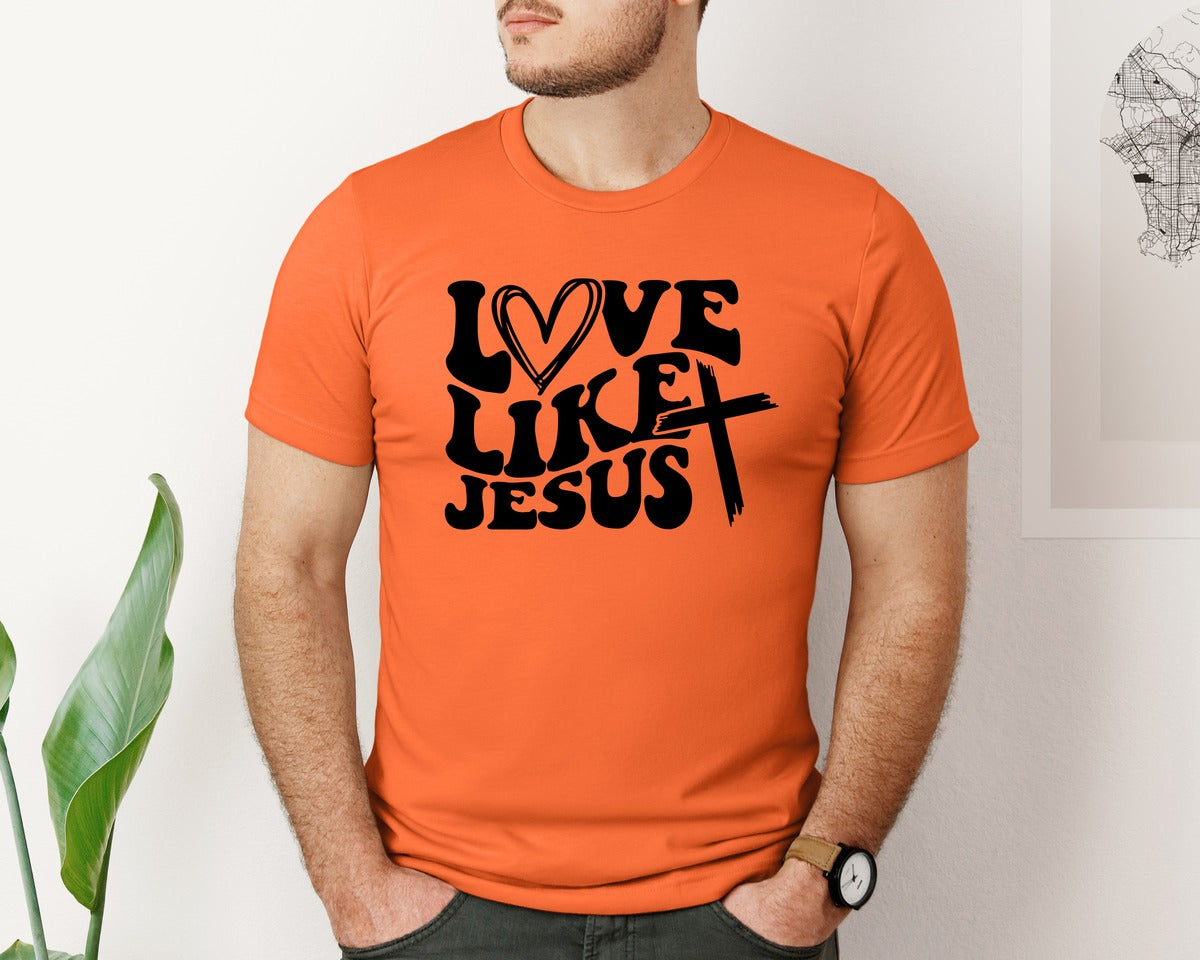 brand:Bella Canvas|color:Orange|Love Like Jesus Wavy 2 Graphic T-Shirt