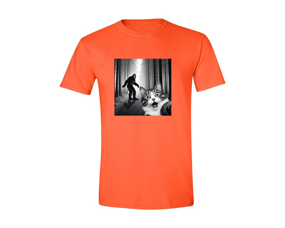 brand:Generic|color:Orange|Cat Selfie With Sasquatch Graphic T-Shirt