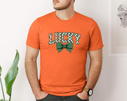 brand:Bella Canvas|color:Orange|Retro Checkered Lucky St Patricks Day 2 Graphic T-Shirt