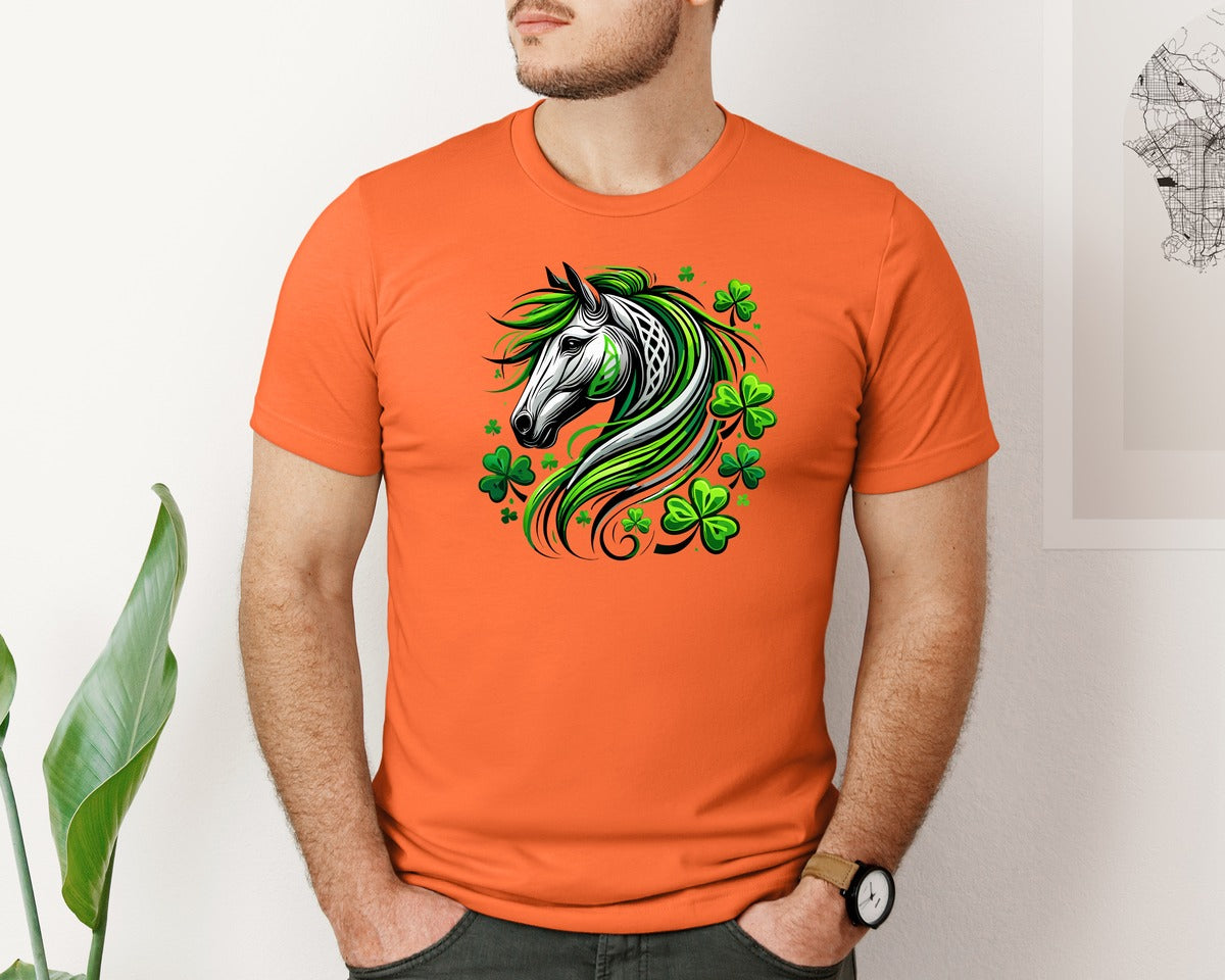 brand:Bella Canvas|color:Orange|St Patricks Day Horse Lucky Graphic T-Shirt