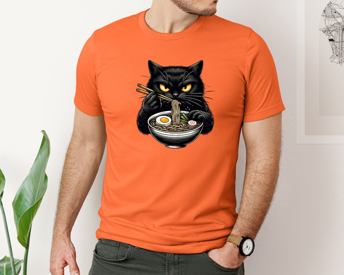 brand:Bella Canvas|color:Orange|Cute Black Cat Eating Ramen Noodle 3 Graphic T-Shirt