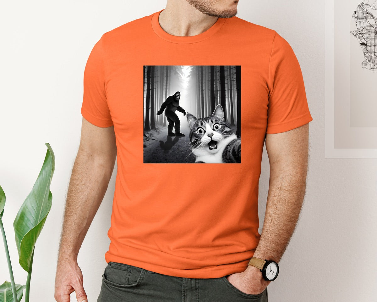 brand:Bella Canvas|color:Orange|Cat Selfie With Sasquatch Graphic T-Shirt