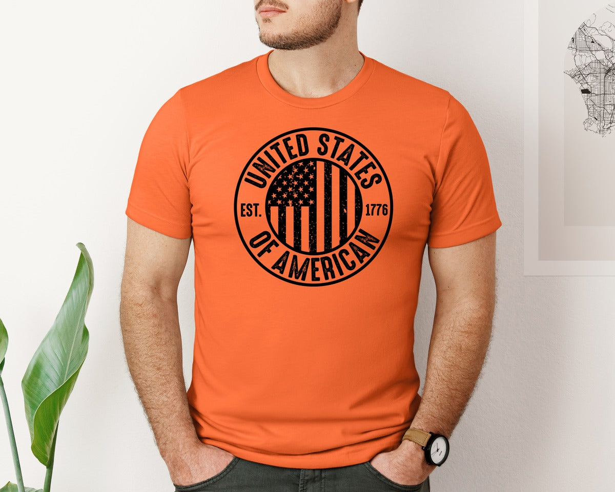 brand:Bella Canvas|color:Orange|United States Of America Patriotic Graphic T-Shirt