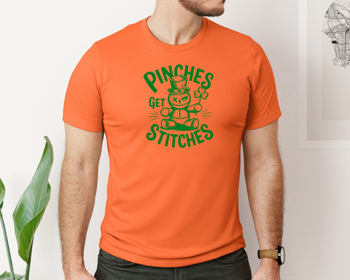 brand:Bella Canvas|color:Orange|Pinches Get Stitches Funny St Patri Graphic T-Shirt