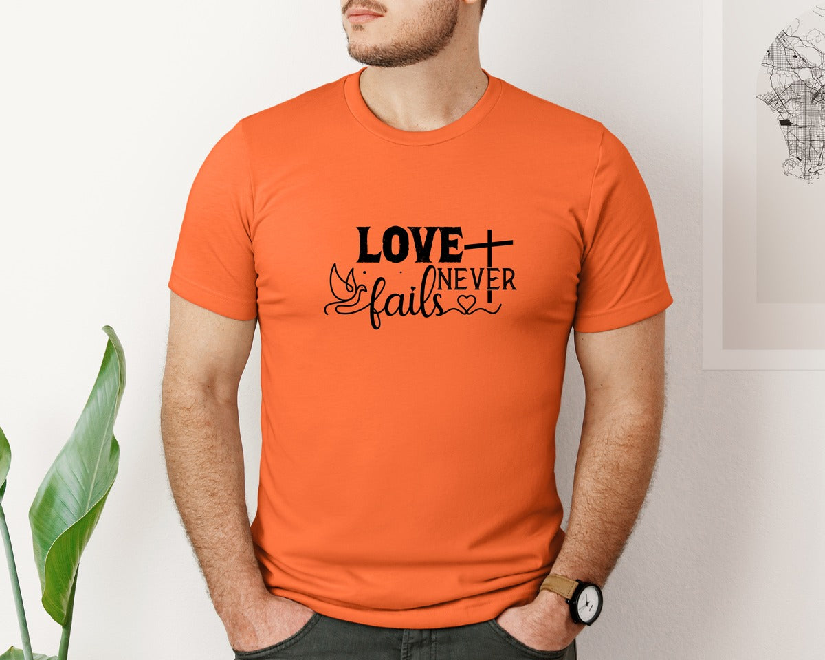 brand:Bella Canvas|color:Orange|Love Never Fails Sleeve Svgbible Quotes Graphic T-Shirt