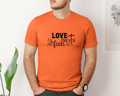 brand:Bella Canvas|color:Orange|Love Never Fails Sleeve Svgbible Quotes Graphic T-Shirt