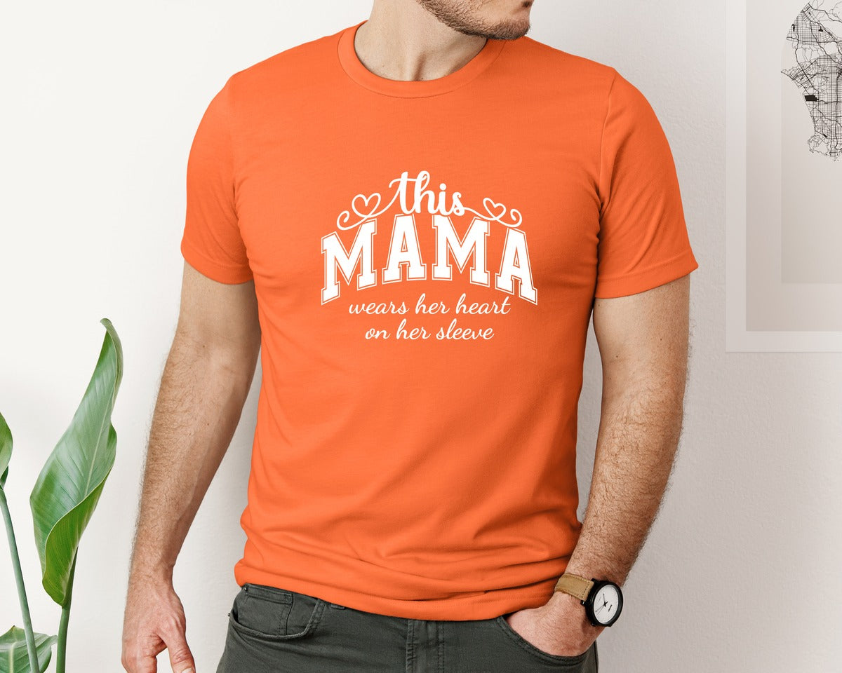 brand:Bella Canvas|color:Orange|This Mama Wears Her Heart On Her Sleeve 74 Graphic T-Shirt