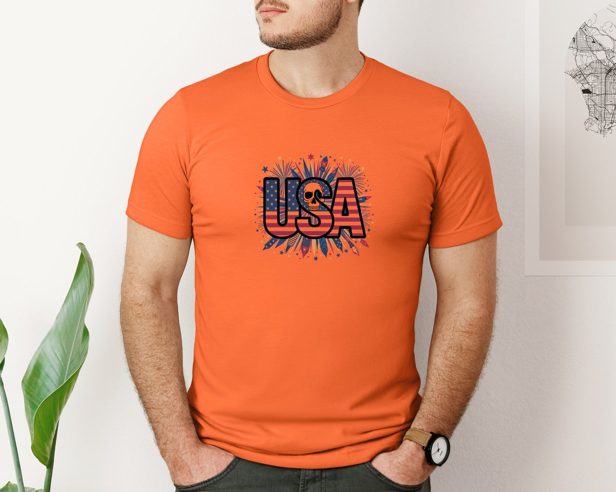 brand:Bella Canvas|color:Orange|Usa Skull Fireworks 4Th Of July T Shirt 2 Graphic T-Shirt
