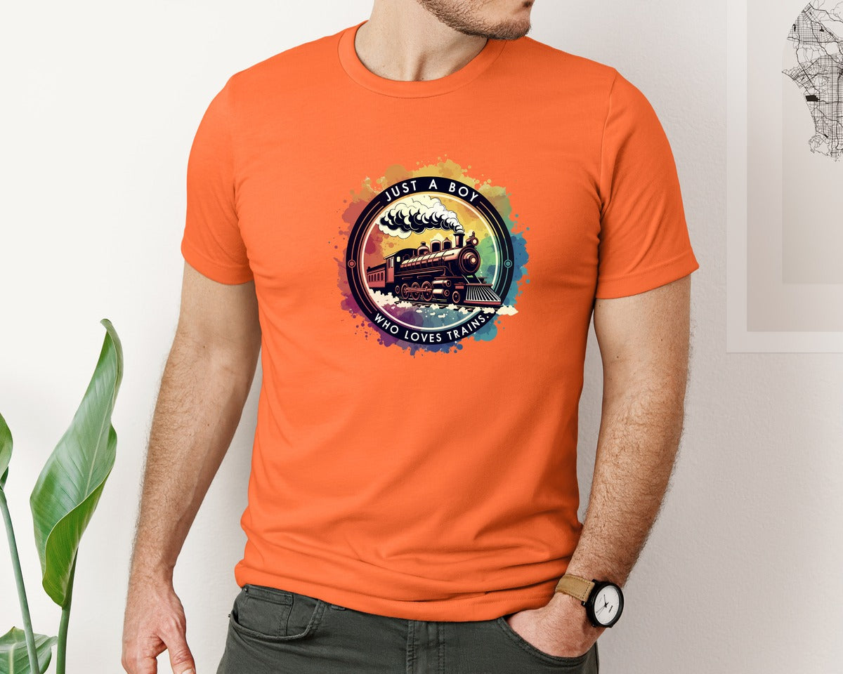 brand:Bella Canvas|color:Orange|Just A Boy Who Loves Trains Graphic T-Shirt