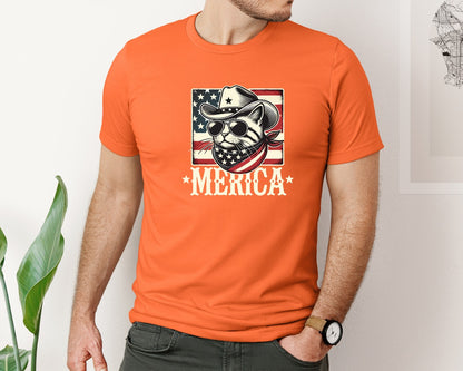 brand:Bella Canvas|color:Orange|Merica Cat Patriotic Cowboy Cat Graphic T-Shirt