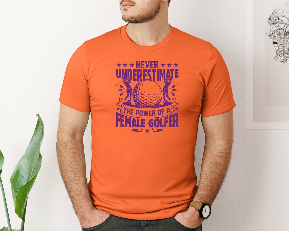 brand:Bella Canvas|color:Orange|Female Golfer Golf Club T Shirt Design Graphic T-Shirt