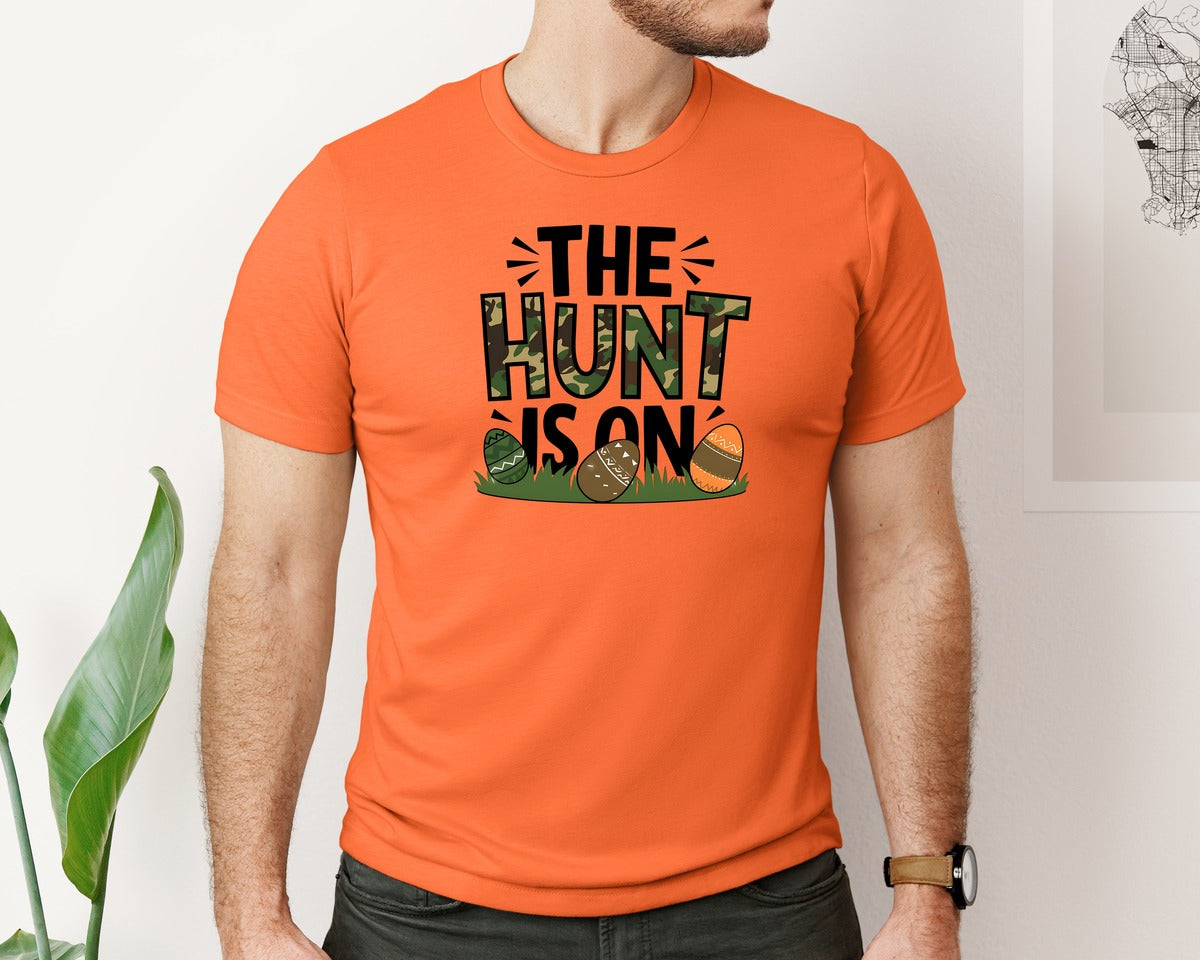 brand:Bella Canvas|color:Orange|The Hunt Is On Camo Easter Egg Camo Graphic T-Shirt