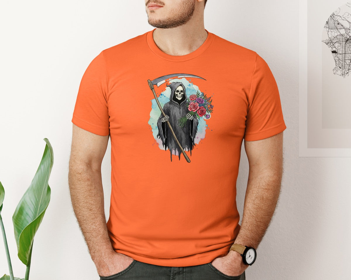 brand:Bella Canvas|color:Orange|Grim Reaper With Flowers Gothic Graphic T-Shirt