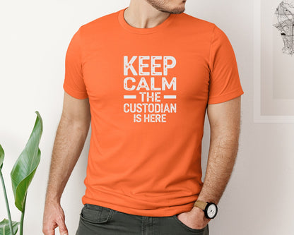 brand:Bella Canvas|color:Orange|Keep Calm Custodian Here Graphic T-Shirt