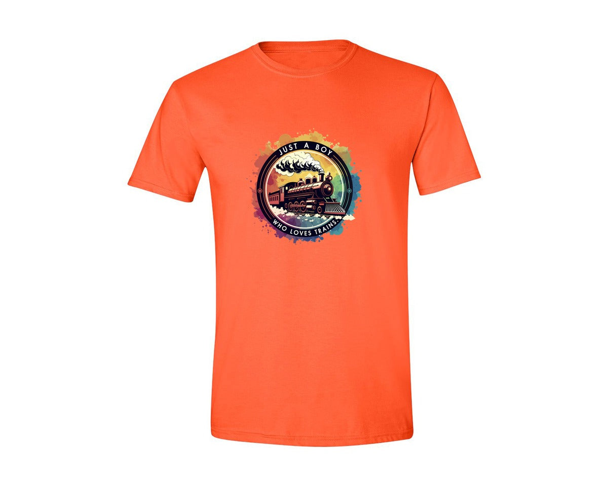 brand:Generic|color:Orange|Just A Boy Who Loves Trains Graphic T-Shirt