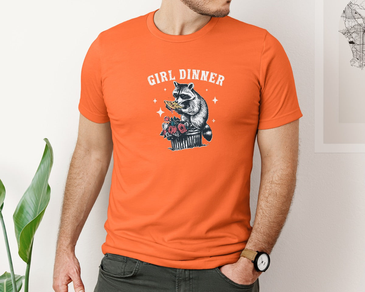 brand:Bella Canvas|color:Orange|Girl Dinner Raccoon Eat Pizza Shirt Graphic T-Shirt