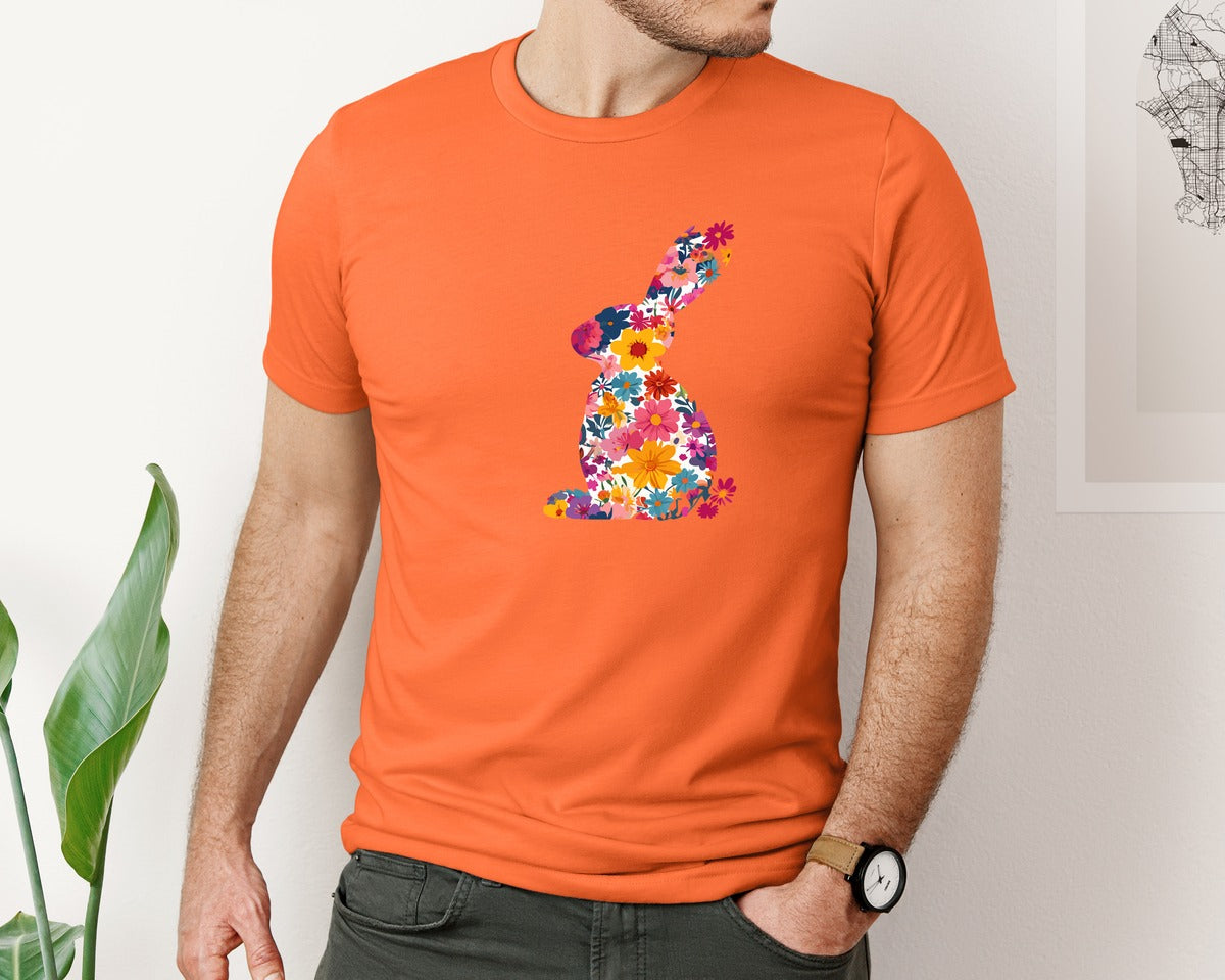 brand:Bella Canvas|color:Orange|Floral Bunny Easter Rabbit Graphic T-Shirt