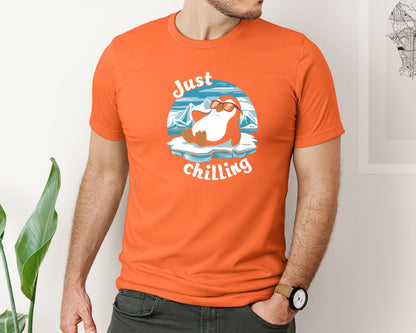 brand:Bella Canvas|color:Orange|Just Chilling Penguin Pun Relaxed Vibes Graphic T-Shirt