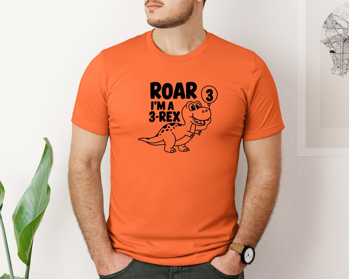brand:Bella Canvas|color:Orange|3 Rex Dinosaur Birthday Graphic T-Shirt