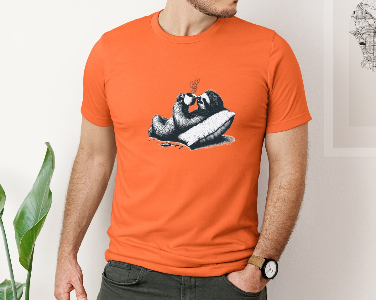 brand:Bella Canvas|color:Orange|Sloth Lying And Drink Coffee Shirt Graphic T-Shirt