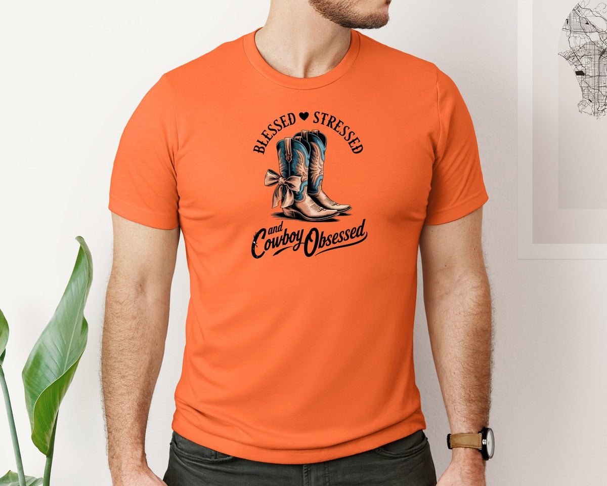 brand:Bella Canvas|color:Orange|Blessed Stressed Mom Western Mothers Day 3 Graphic T-Shirt