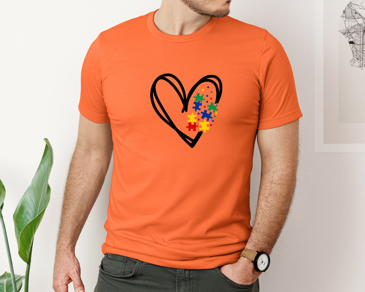 brand:Bella Canvas|color:Orange|Autism Heart Autism Puzzle Graphic T-Shirt