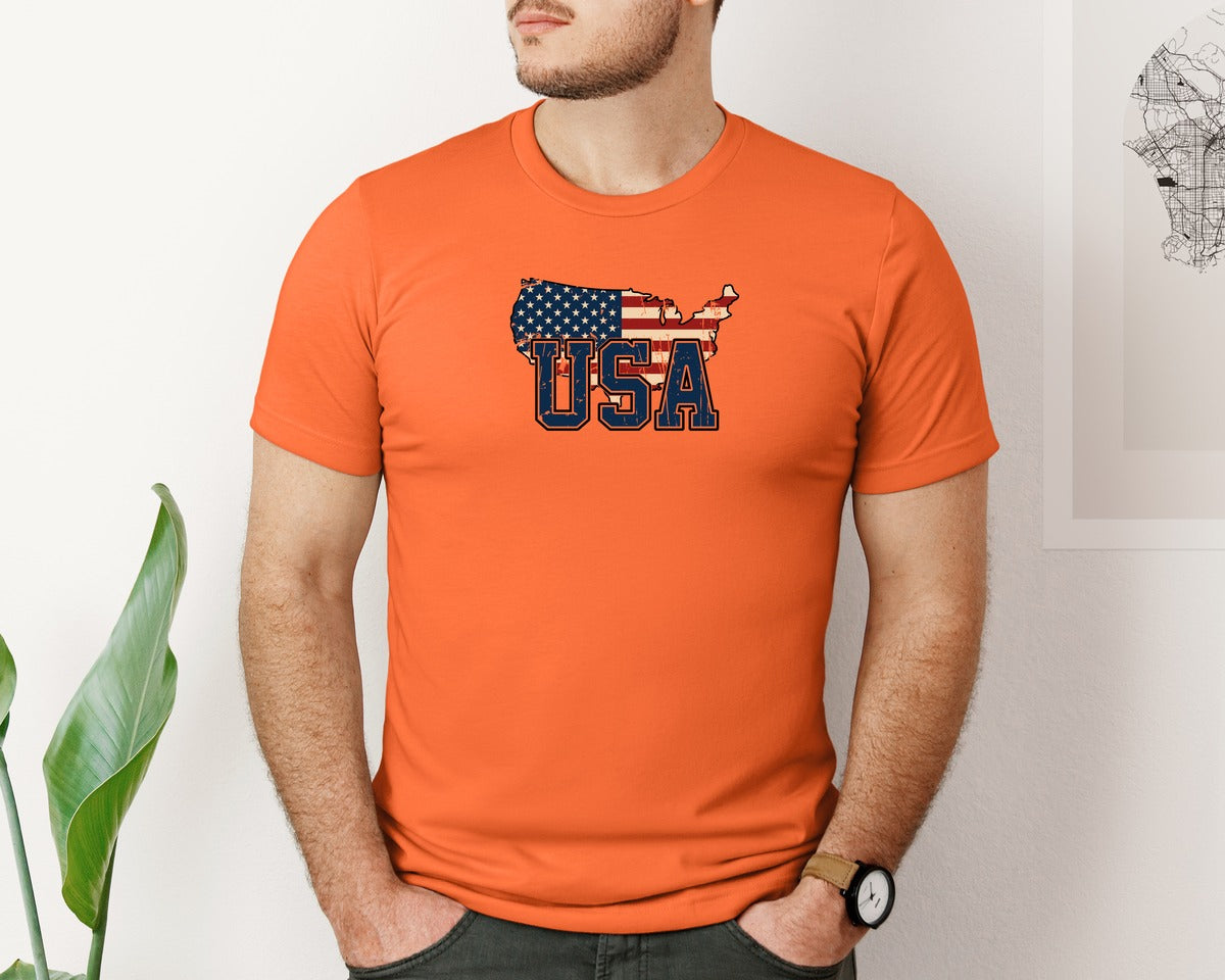 brand:Bella Canvas|color:Orange|America Usa Map 4Th Of July Patriotic Graphic T-Shirt