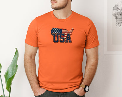 brand:Bella Canvas|color:Orange|America Usa Map 4Th Of July Patriotic Graphic T-Shirt