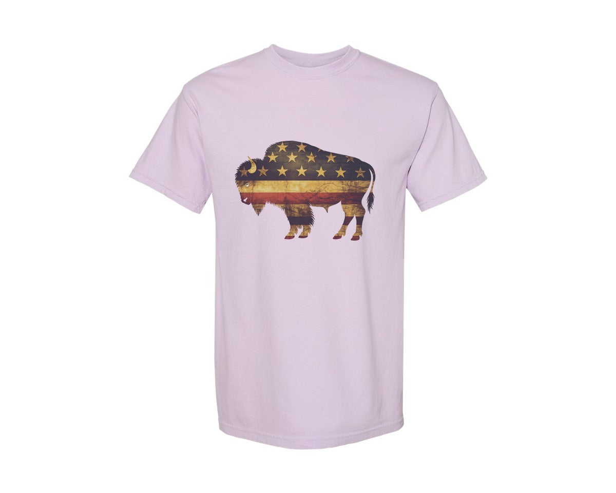 brand:Comfort Colors|color:Orchid|American Bison Patriotic Usa Flag 4 Graphic T-Shirt