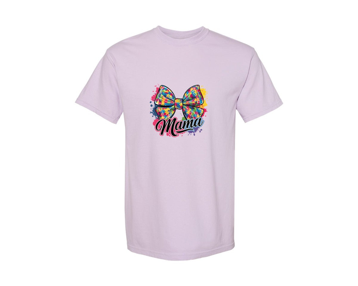 brand:Comfort Colors|color:Orchid|Autism Mama Colorful Puzzle Bow Art Graphic T-Shirt