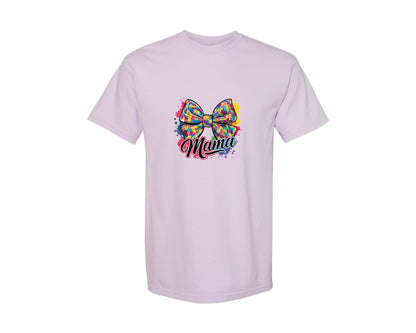 brand:Comfort Colors|color:Orchid|Autism Mama Colorful Puzzle Bow Art Graphic T-Shirt