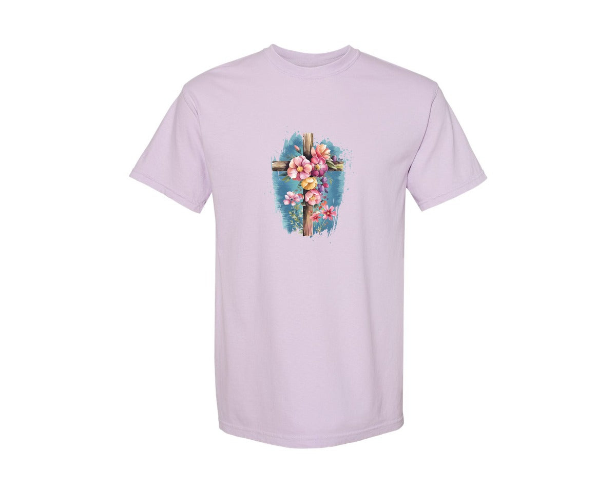 brand:Comfort Colors|color:Orchid|Floral Christian Cross Graphic T-Shirt