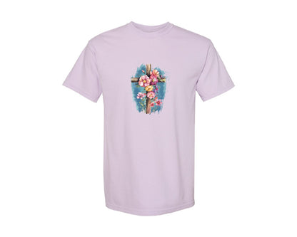 brand:Comfort Colors|color:Orchid|Floral Christian Cross Graphic T-Shirt