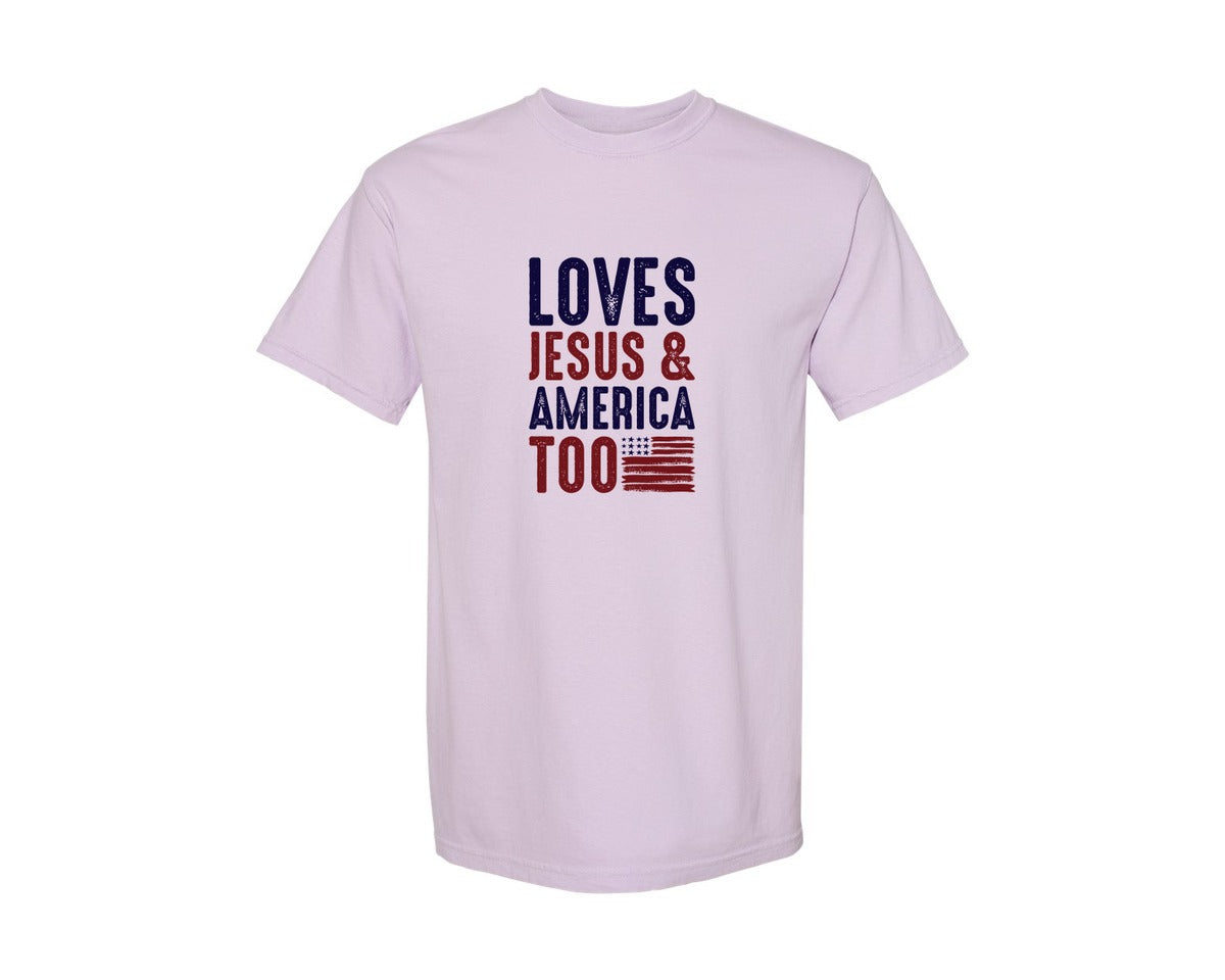 brand:Comfort Colors|color:Orchid|Loves Jesus And America Too Jesus Graphic T-Shirt