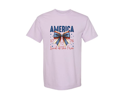 brand:Comfort Colors|color:Orchid|America Bow Land Of The Free Graphic T-Shirt